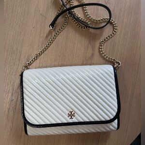 Tory Burch White Quilted Crossbody with Black Trim and Gold Chain